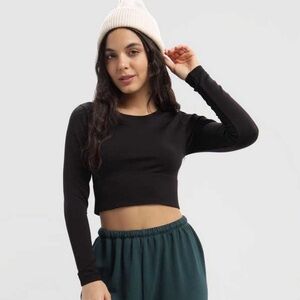 Aerie Black Seamless Long Sleeve Cropped T-Shirt
